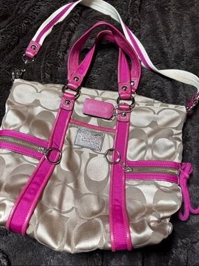 Coach Beige Signature Tote with Hot Pink Trim